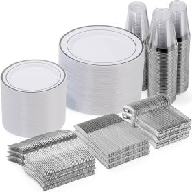 600 Piece Disposable Silver Plates for 100 Guests, Plastic Dinnerware Set of 100 Dinner Plates, 100 Salad Plates, 100 Spoons, 100 Forks, 100 Kniv