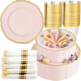 350pcs Pink and gold Plastic Plates - Pink Plastic Dinnerware Set Includes 50 Dinner Plates, 50 Dessert Dinnerware, 50 Cups