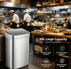 50L Plug-in Deodorizing Automatic Sensor Trash Can, Brushed Stainless Steel Touchless Motion Activated Garbage Bin