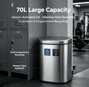 Large 70 Liter Touch Free Smart Motion Sensor Recycling Trash Can, Fingerprint Resistant Stainless Steel Dual Bin for Recyclables & General Waste