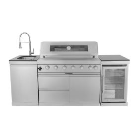 44-Inch 6-Burner 85000 BTU Deluxe Stainless Steel Gas Outdoor Kitchen Bar Barbecue Island Grill + Wine Cooler Compact Refrigerator + Rotisserie +