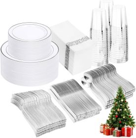 350 Pcs Silver Plastic Plates - Silver Dinnerware Set of 50 Dinner Plates 50 Dessert Plate 50 Silverware 50 Napkins 50 Cups for Christmas Party&W